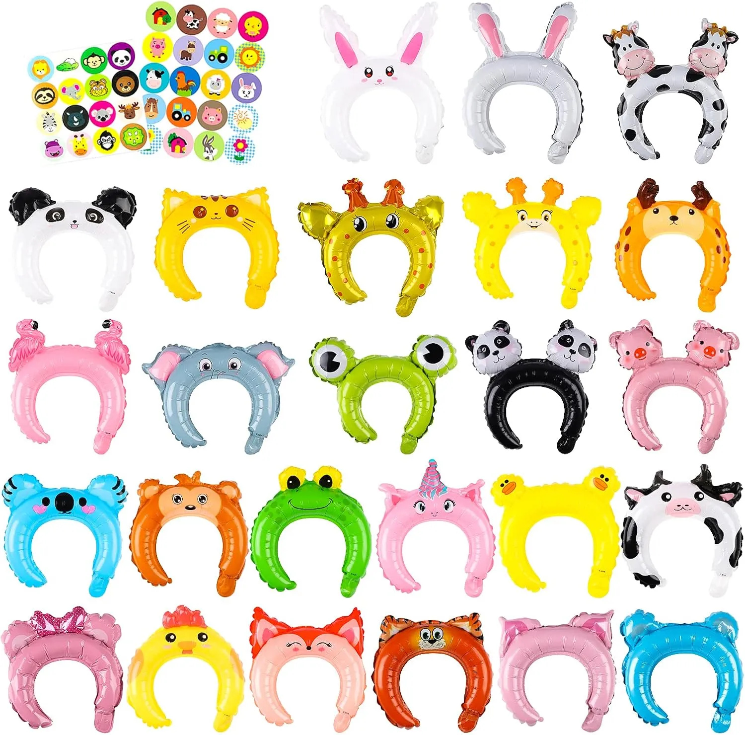 MALLMALL6 100p Zoo Animal Inflatable Headbands Wildlife Balloon Hair Hoop Include Forest Safari Farm Animals Jungle Theme Birthday Party Supplies with Animal Stickers Party Favors Costumes for Kids