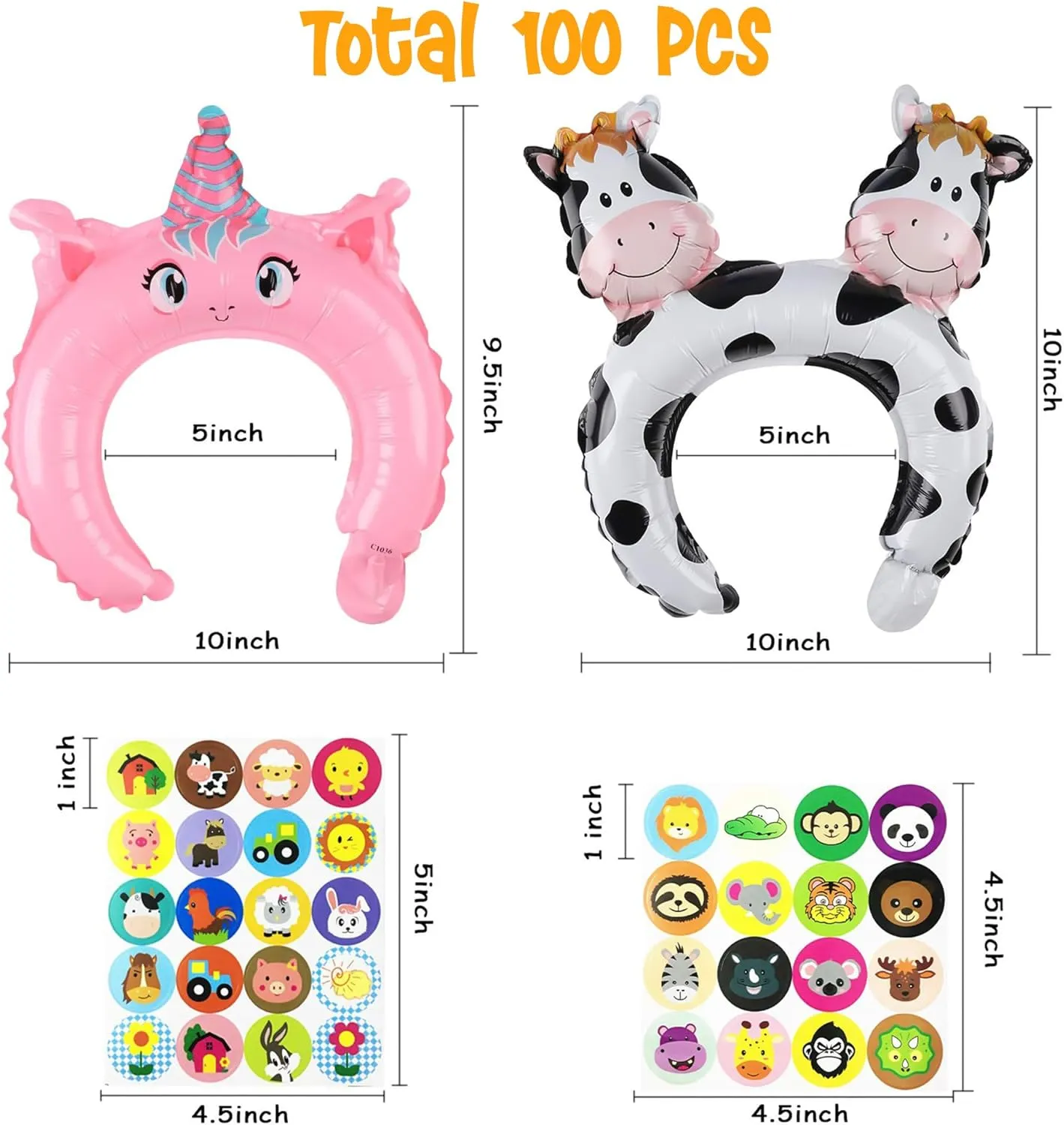 MALLMALL6 100p Zoo Animal Inflatable Headbands Wildlife Balloon Hair Hoop Include Forest Safari Farm Animals Jungle Theme Birthday Party Supplies with Animal Stickers Party Favors Costumes for Kids
