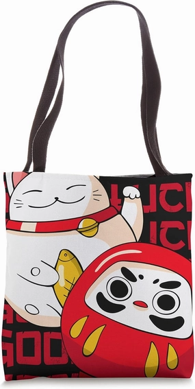 Maneki Neko Lucky Cat Japanese Daruma Doll Kawaii Good Luck Tote Bag