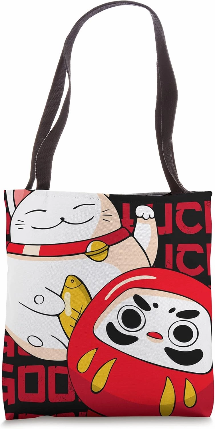 Maneki Neko Lucky Cat Japanese Daruma Doll Kawaii Good Luck Tote Bag