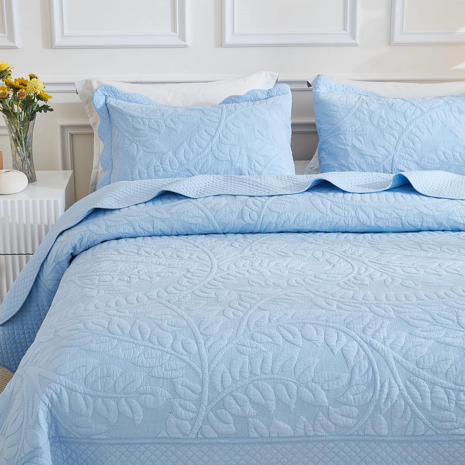 MarCielo 3-Piece 100% Cotton Oversized Bedspread Lightweight Quilt Coverlet Embroidery Farmhouse Bedding Set T0 (Light Blue, Queen (100"x106"))