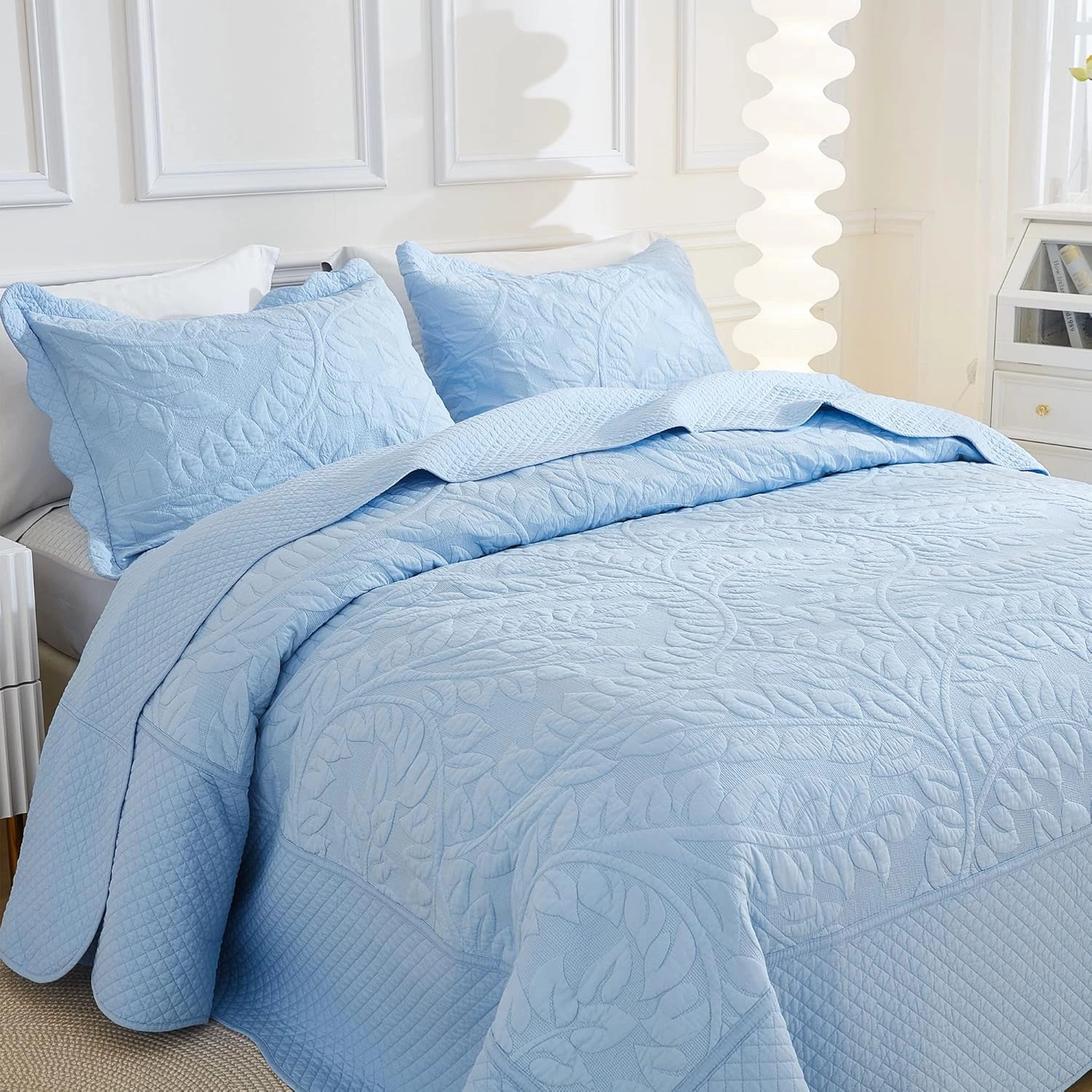 MarCielo 3-Piece 100% Cotton Oversized Bedspread Lightweight Quilt Coverlet Embroidery Farmhouse Bedding Set T0 (Light Blue, Queen (100"x106"))