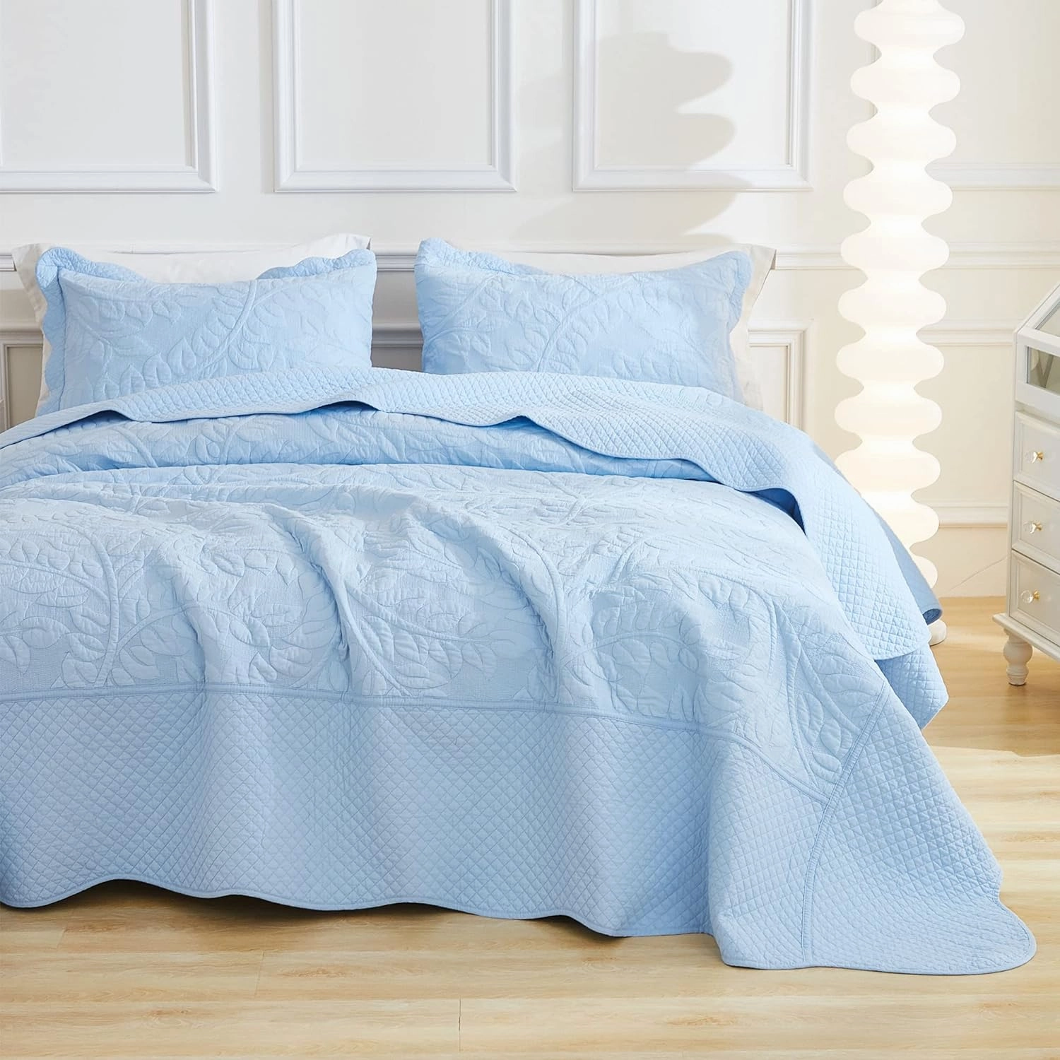 MarCielo 3-Piece 100% Cotton Oversized Bedspread Lightweight Quilt Coverlet Embroidery Farmhouse Bedding Set T0 (Light Blue, Queen (100"x106"))