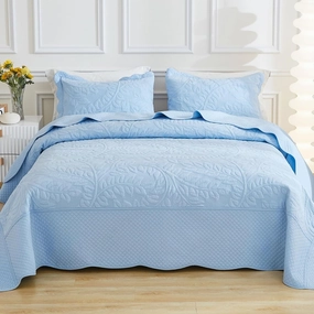 MarCielo 3-Piece 100% Cotton Oversized Bedspread Lightweight Quilt Coverlet Embroidery Farmhouse Bedding Set T0 (Light Blue, Queen (100"x106"))