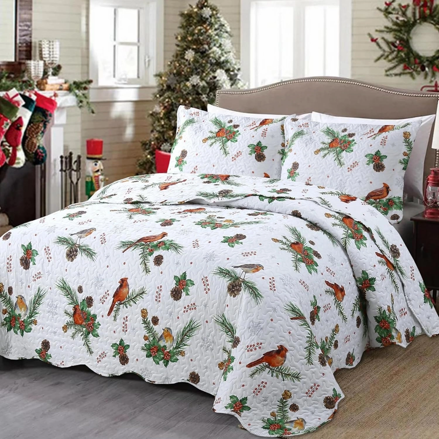 MarCielo 3 Piece Christmas Quilt Set, Rustic Lodge Deer Quilt Bedspread Throw Blanket Lightweight Bedspread Coverlet Comforter Set (Cardinals, King)