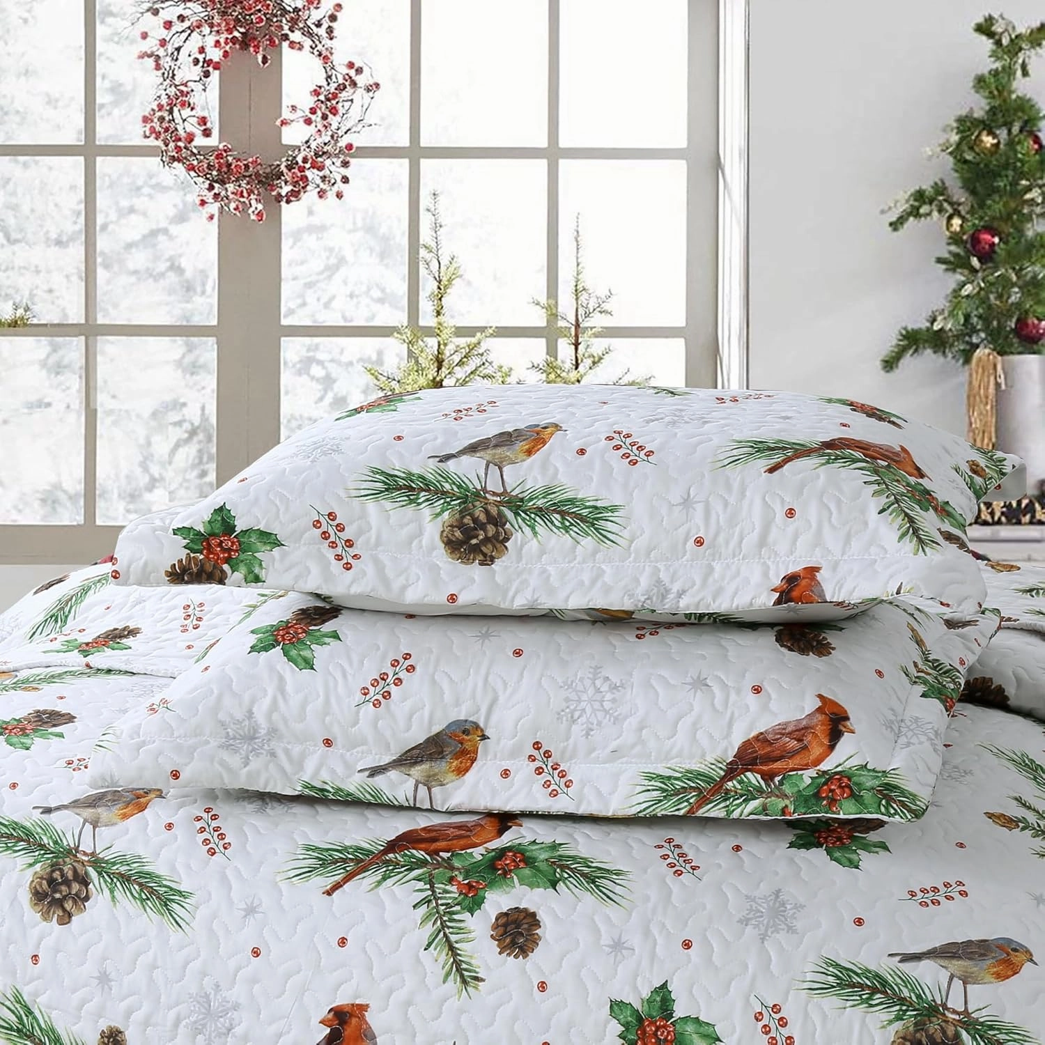 MarCielo 3 Piece Christmas Quilt Set, Rustic Lodge Deer Quilt Bedspread Throw Blanket Lightweight Bedspread Coverlet Comforter Set (Cardinals, King)