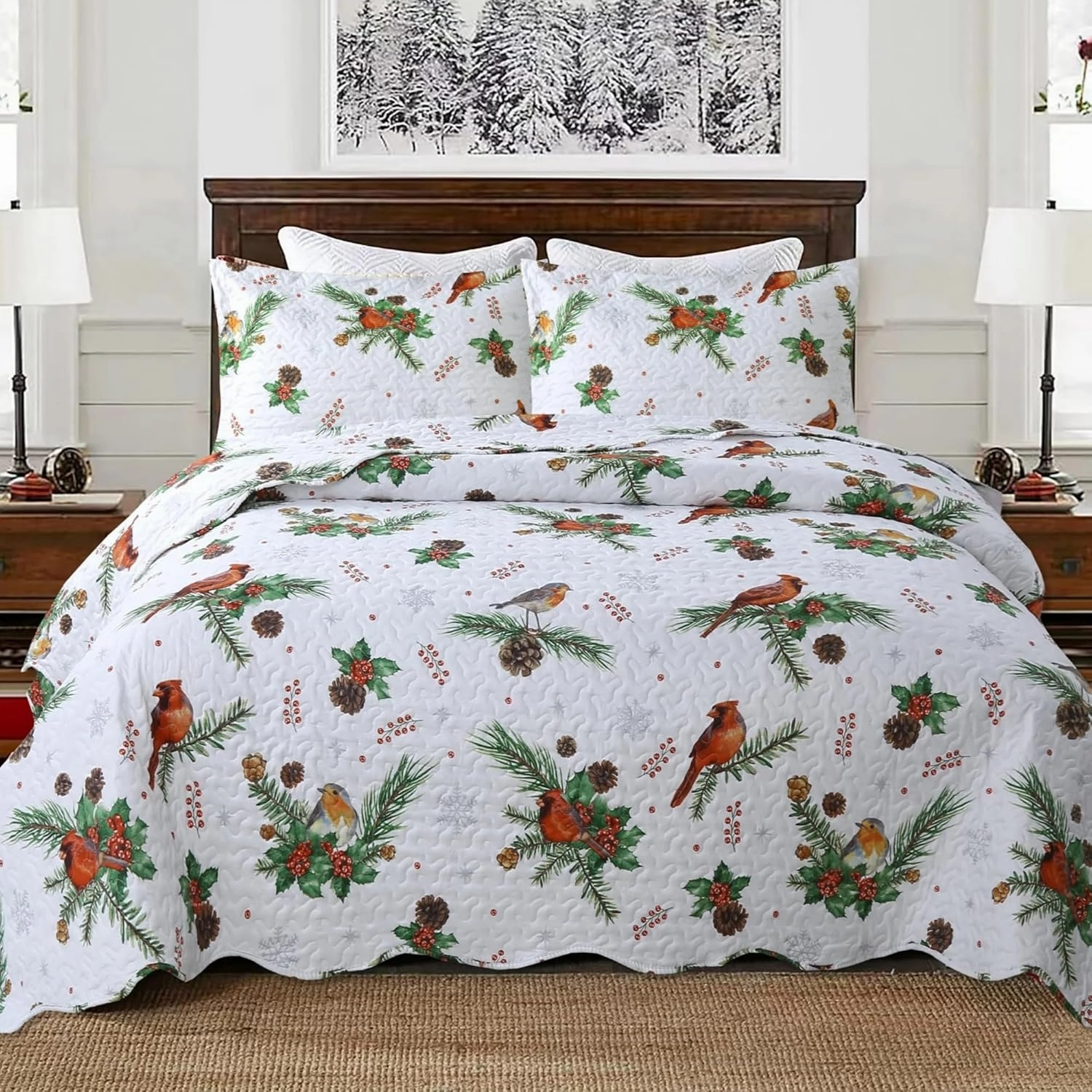 MarCielo 3 Piece Christmas Quilt Set, Rustic Lodge Deer Quilt Bedspread Throw Blanket Lightweight Bedspread Coverlet Comforter Set (Cardinals, King)