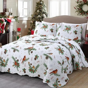 MarCielo 3 Piece Christmas Quilt Set, Rustic Lodge Deer Quilt Bedspread Throw Blanket Lightweight Bedspread Coverlet Comforter Set (Cardinals, King)