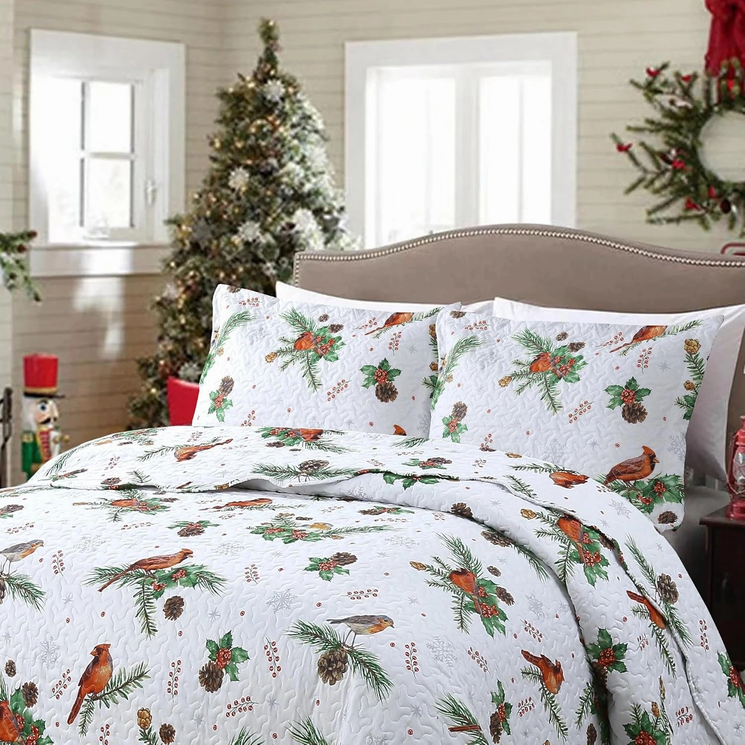 MarCielo 3 Piece Christmas Quilt Set, Rustic Lodge Deer Quilt Bedspread Throw Blanket Lightweight Bedspread Coverlet Comforter Set (Cardinals, King)