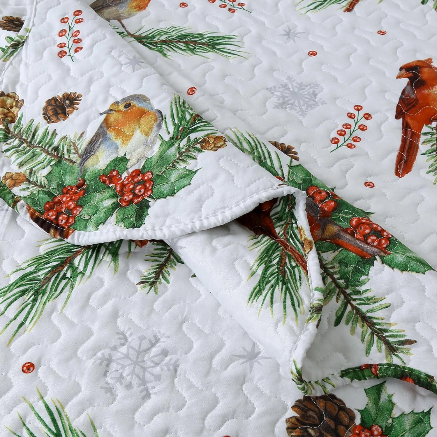 MarCielo 3 Piece Christmas Quilt Set, Rustic Lodge Deer Quilt Bedspread Throw Blanket Lightweight Bedspread Coverlet Comforter Set (Cardinals, King)