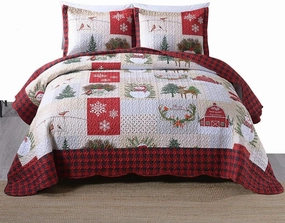 MarCielo 3 Piece Christmas Quilt Set, Rustic Lodge Deer Quilt Bedspread Throw Blanket Lightweight Bedspread Coverlet Comforter Set (Good Wishes, King)