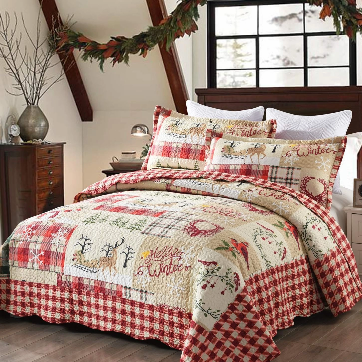 MarCielo 3 Piece Christmas Quilt Set, Rustic Lodge Deer Quilt Bedspread Throw Blanket Lightweight Bedspread Coverlet Comforter Set (Hello Winter, King)