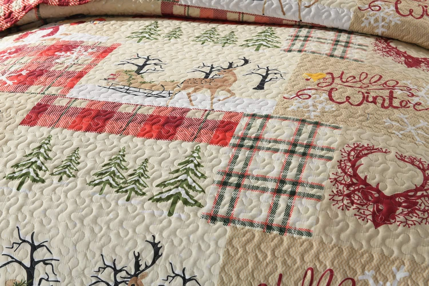 MarCielo 3 Piece Christmas Quilt Set, Rustic Lodge Deer Quilt Bedspread Throw Blanket Lightweight Bedspread Coverlet Comforter Set (Hello Winter, King)