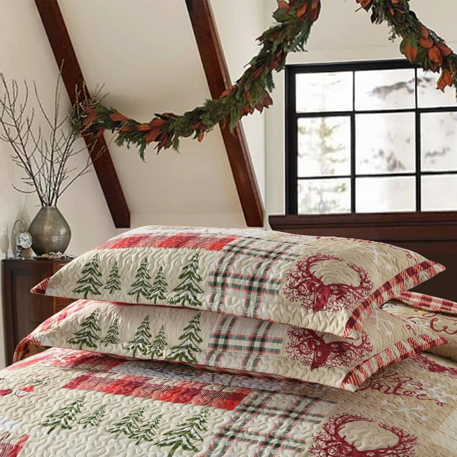 MarCielo 3 Piece Christmas Quilt Set, Rustic Lodge Deer Quilt Bedspread Throw Blanket Lightweight Bedspread Coverlet Comforter Set (Hello Winter, King)
