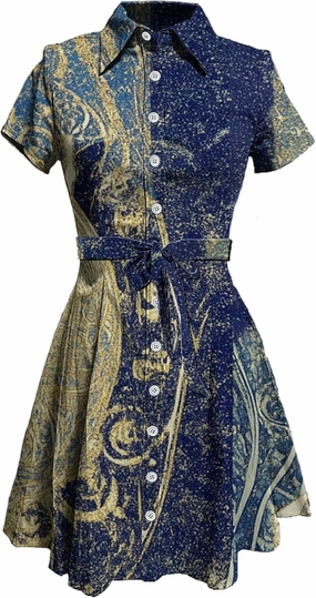MARSVOVO Vintage Retro Shirt Dress for Women Short Sleeve Button Down Tie Waist Elegant Smocked Knee Length Dress
