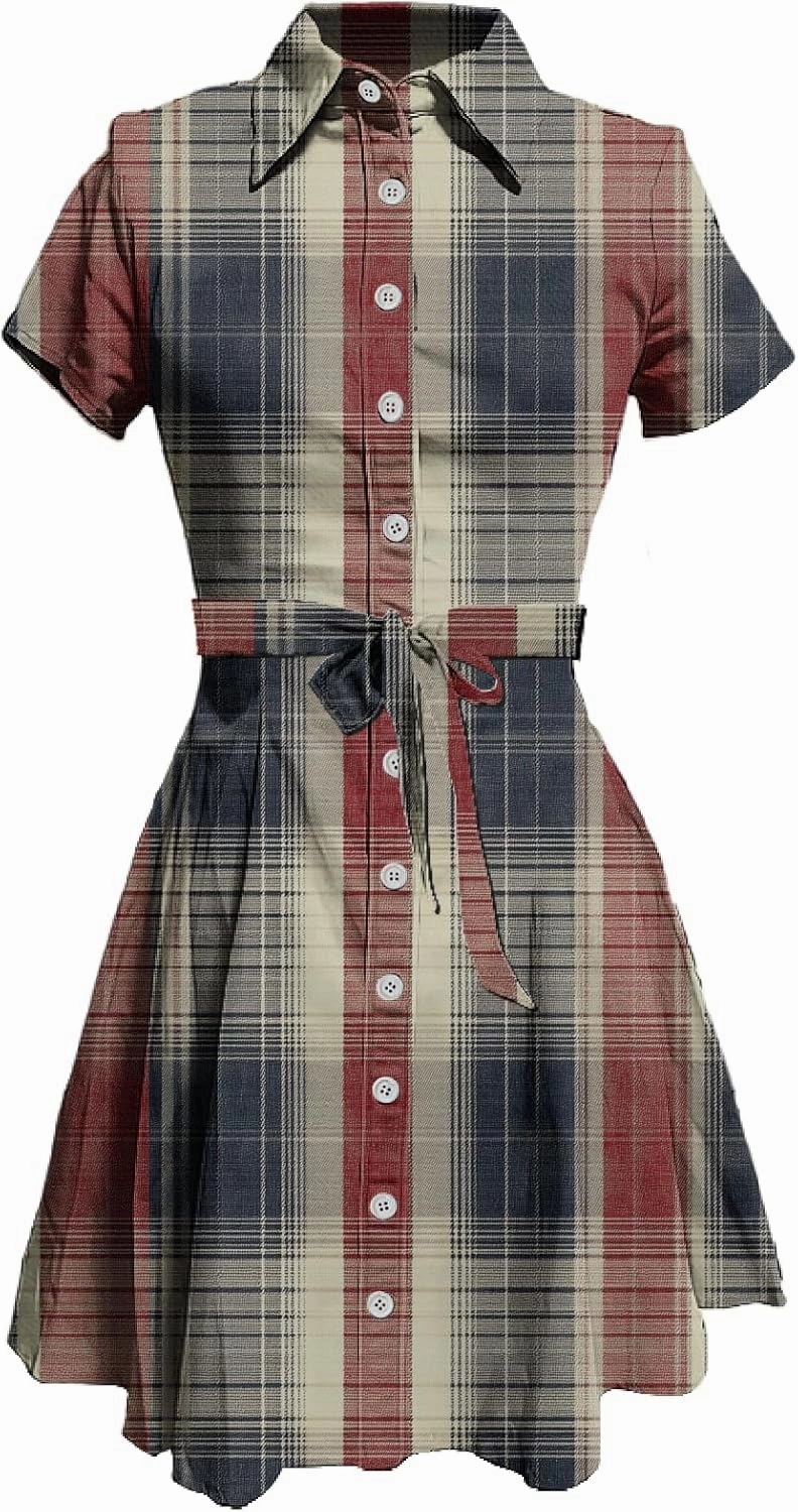 MARSVOVO Vintage Retro Shirt Dress for Women Short Sleeve Button Down Tie Waist Elegant Smocked Knee Length Dress