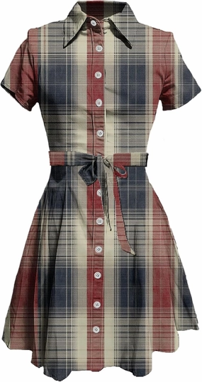 MARSVOVO Vintage Retro Shirt Dress for Women Short Sleeve Button Down Tie Waist Elegant Smocked Knee Length Dress