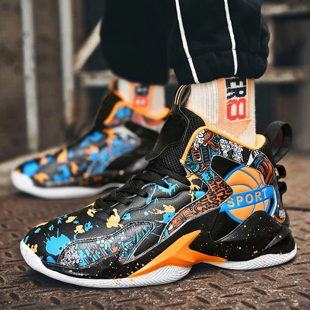 MAUGELY Men's Sneakers Basketball High Top Youth Student Sports Leisure Graffiti Running Shoes