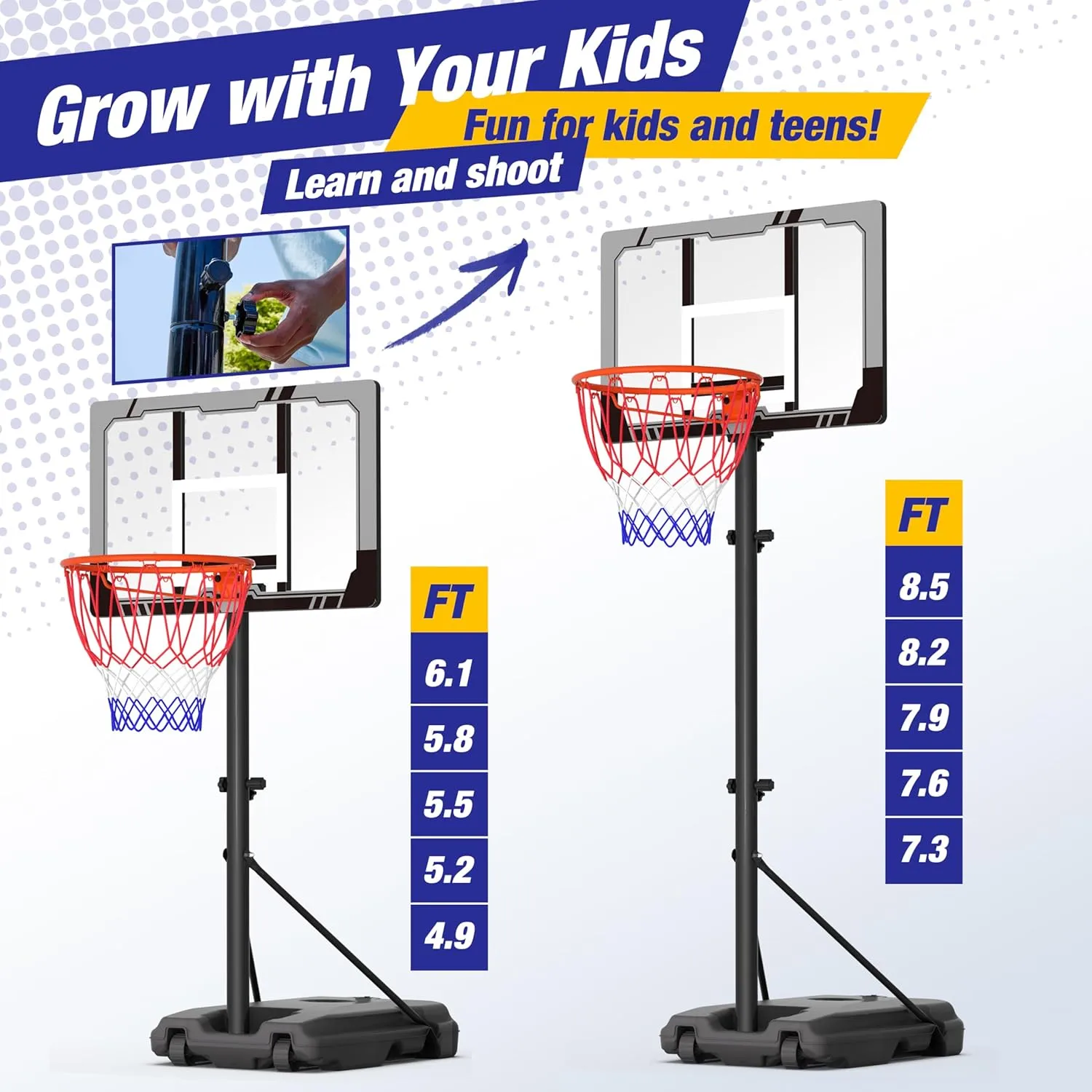 Mayfire Kids Basketball Hoop Adjustable 4.0-8.5ft, Portable Outdoor Goal System with 33 Inch Shatterproof Backboard, Perfect for Kids, Teens, Youth in Driveway, Backyard, Indoor Use