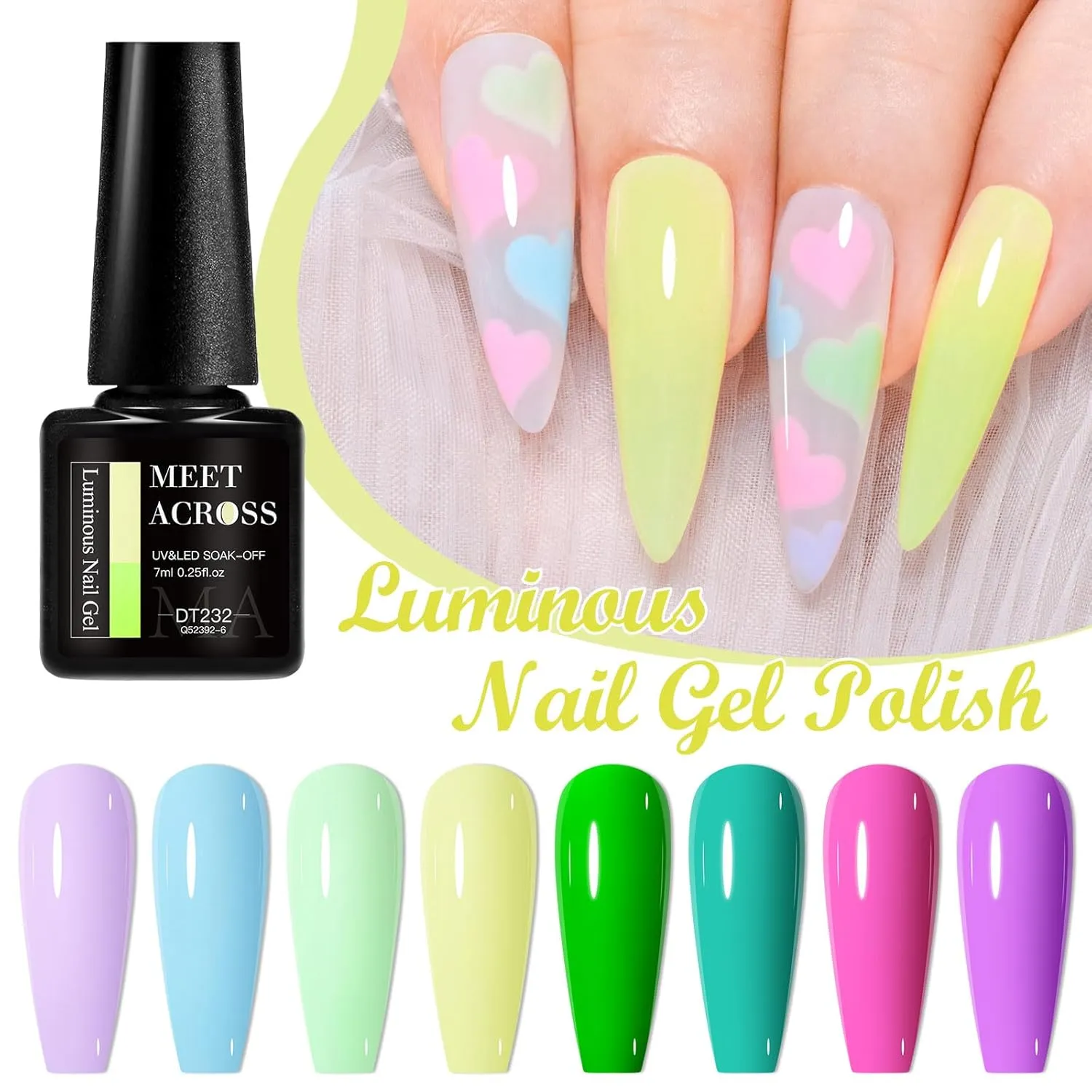 MEET ACROSS Glow in the Dark Gel Nail Polish Set, Halloween Neon Hot Pink Yellow Green Bright Luminous Gel Polish Fluorescent 8 Colors Glow in Dark Effect with Base Top Gel Nail Dehydrator and Primer