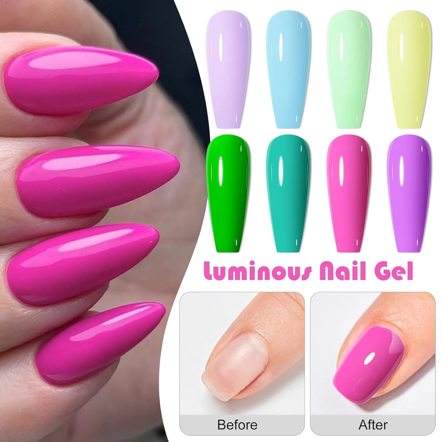 MEET ACROSS Glow in the Dark Gel Nail Polish Set, Halloween Neon Hot Pink Yellow Green Bright Luminous Gel Polish Fluorescent 8 Colors Glow in Dark Effect with Base Top Gel Nail Dehydrator and Primer