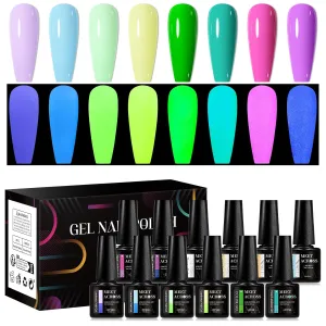 MEET ACROSS Glow in the Dark Gel Nail Polish Set, Halloween Neon Hot Pink Yellow Green Bright Luminous Gel Polish Fluorescent 8 Colors Glow in Dark Effect with Base Top Gel Nail Dehydrator and Primer