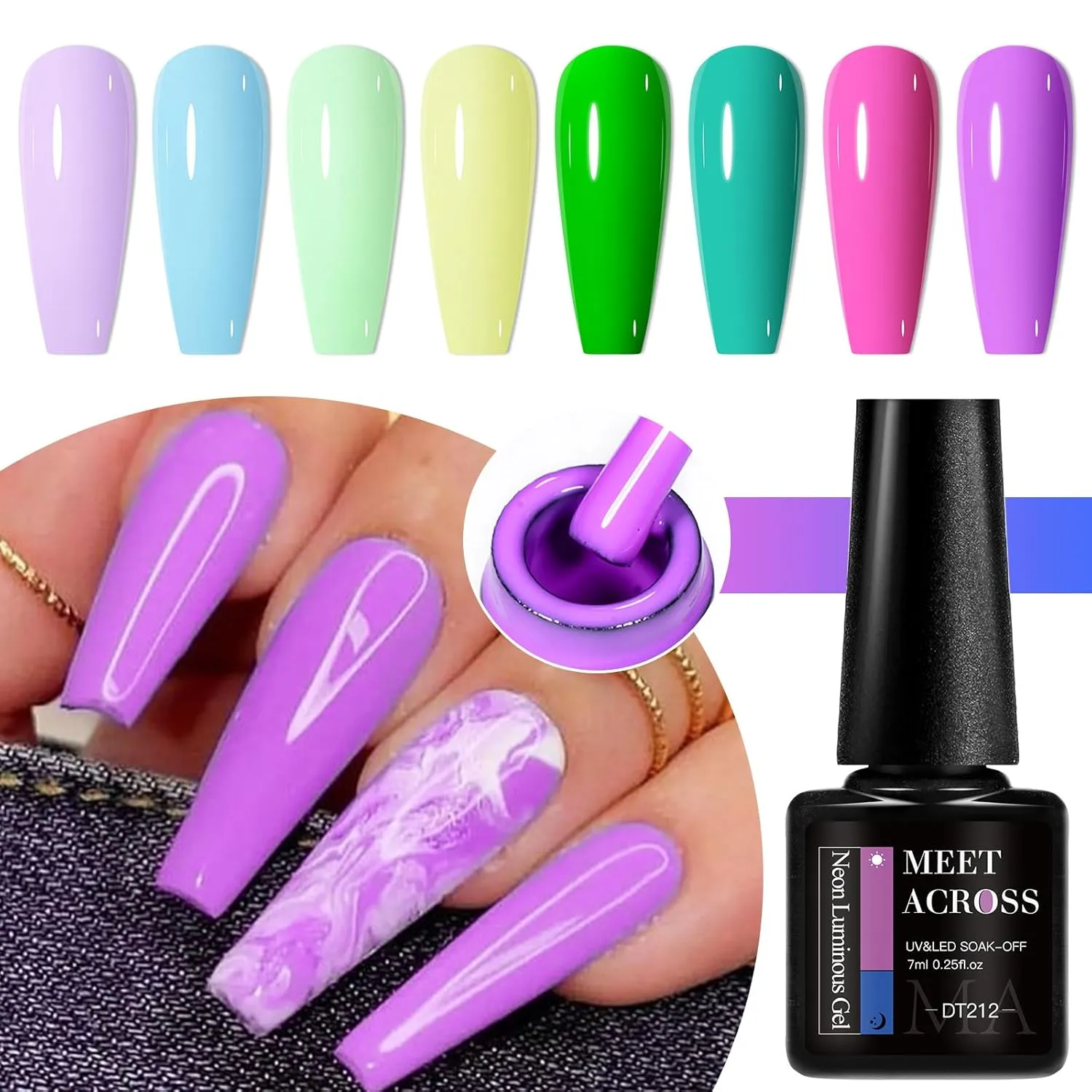 MEET ACROSS Glow in the Dark Gel Nail Polish Set, Halloween Neon Hot Pink Yellow Green Bright Luminous Gel Polish Fluorescent 8 Colors Glow in Dark Effect with Base Top Gel Nail Dehydrator and Primer