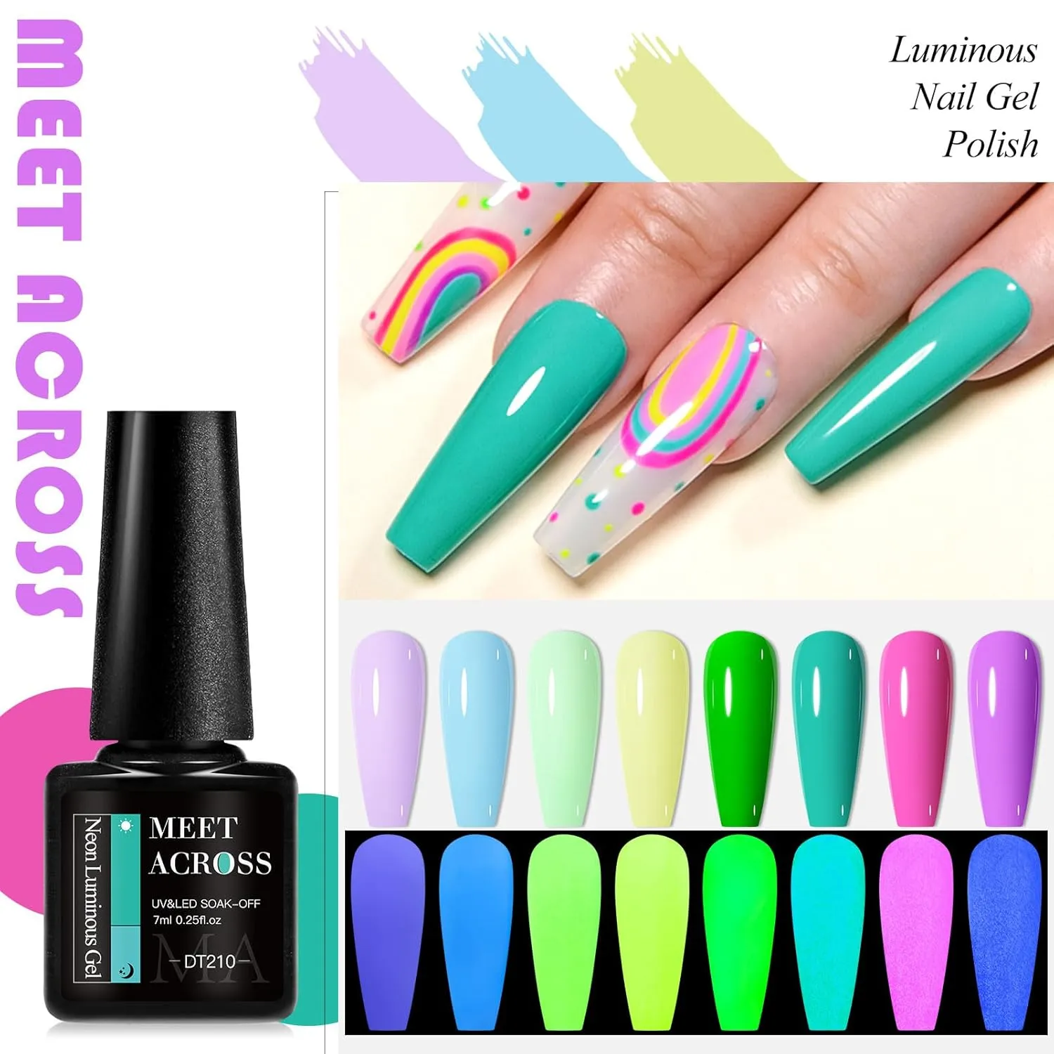 MEET ACROSS Glow in the Dark Gel Nail Polish Set, Halloween Neon Hot Pink Yellow Green Bright Luminous Gel Polish Fluorescent 8 Colors Glow in Dark Effect with Base Top Gel Nail Dehydrator and Primer
