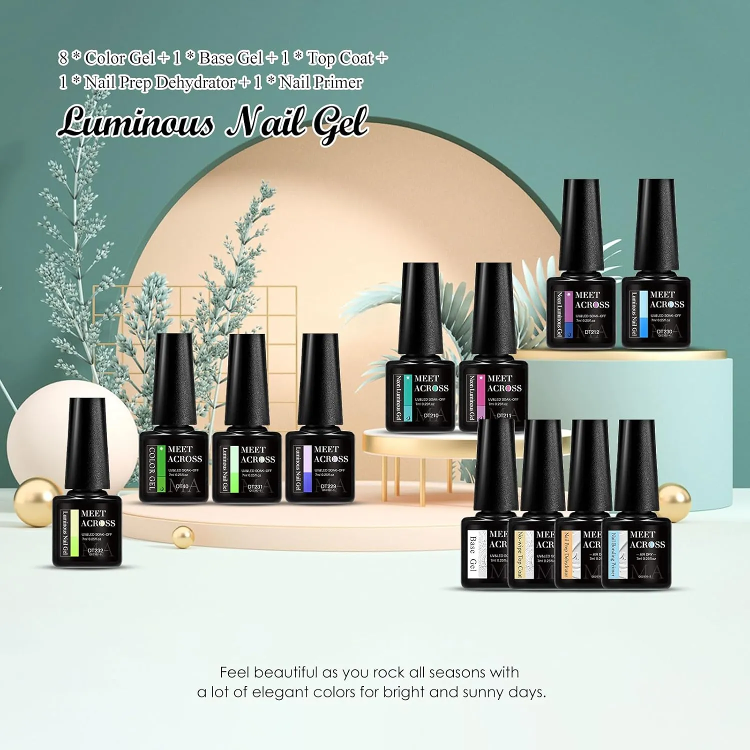 MEET ACROSS Glow in the Dark Gel Nail Polish Set, Halloween Neon Hot Pink Yellow Green Bright Luminous Gel Polish Fluorescent 8 Colors Glow in Dark Effect with Base Top Gel Nail Dehydrator and Primer