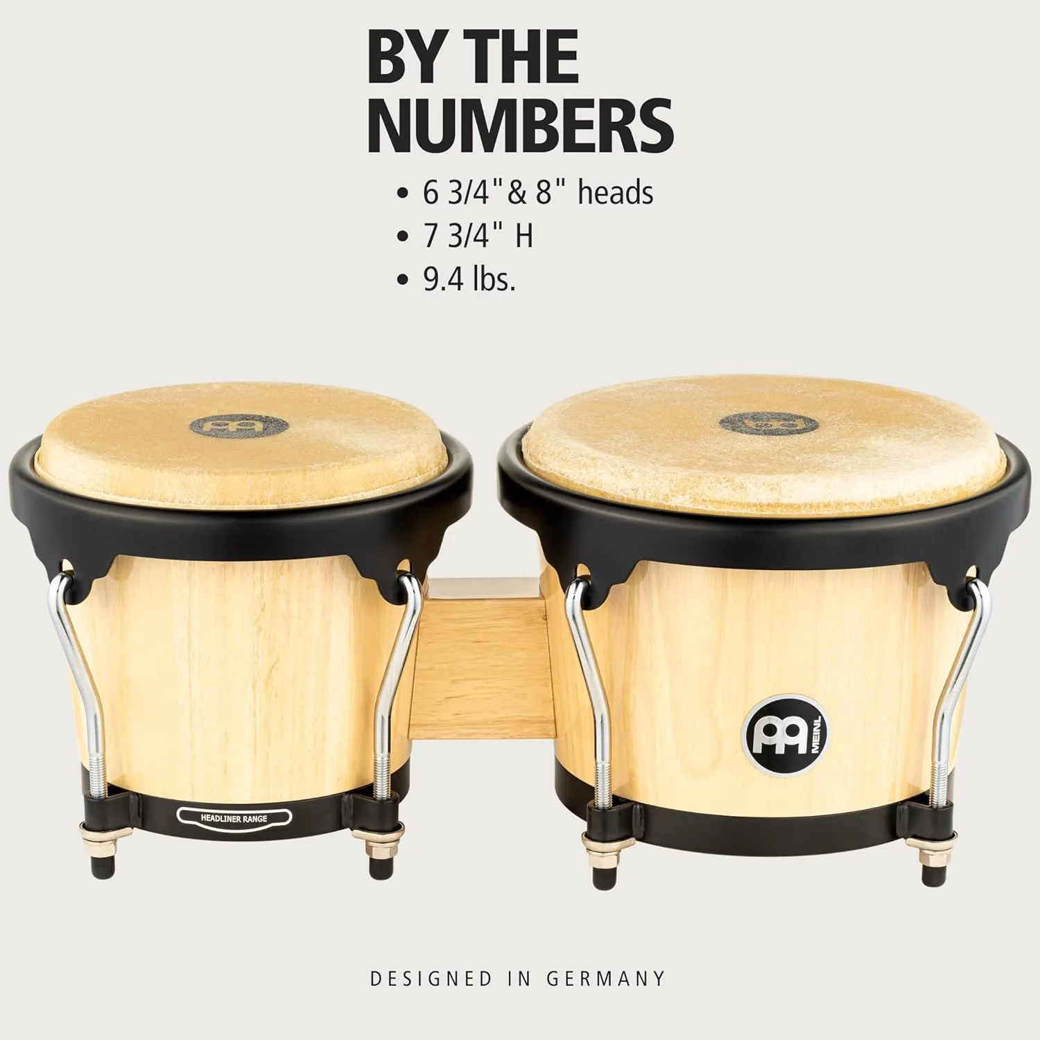 Meinl Percussion Bongos Hand Drum Set 6.75" and 8" with Hardwood Shells and Tuning Key — NOT Made in China — Headliner Series, 2-Year Warranty, Natural (HB100NT)