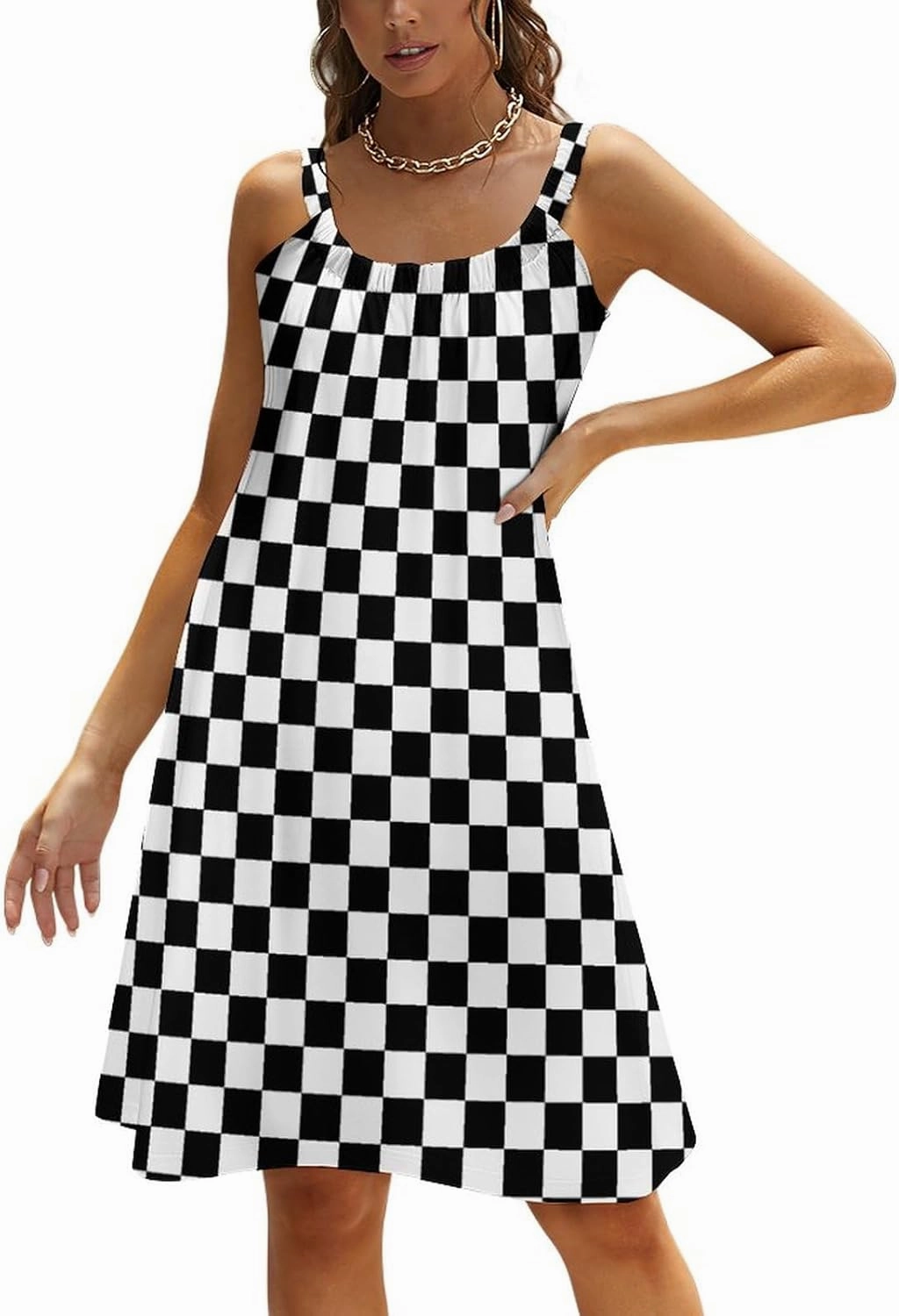 MENRIAOV Women's Spaghetti Strap Sleeveless T Shirt Dresses Black White Race Checkered Flag Casual Beach Cover Up Dress