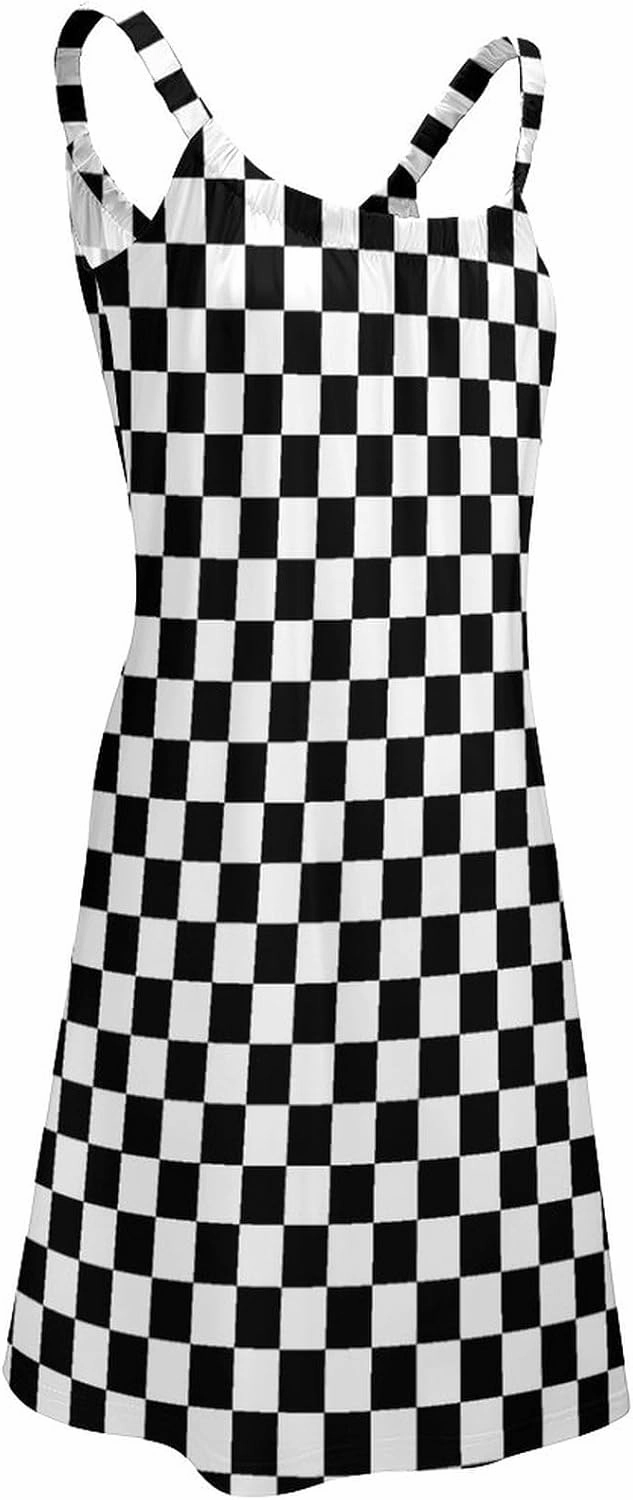MENRIAOV Women's Spaghetti Strap Sleeveless T Shirt Dresses Black White Race Checkered Flag Casual Beach Cover Up Dress