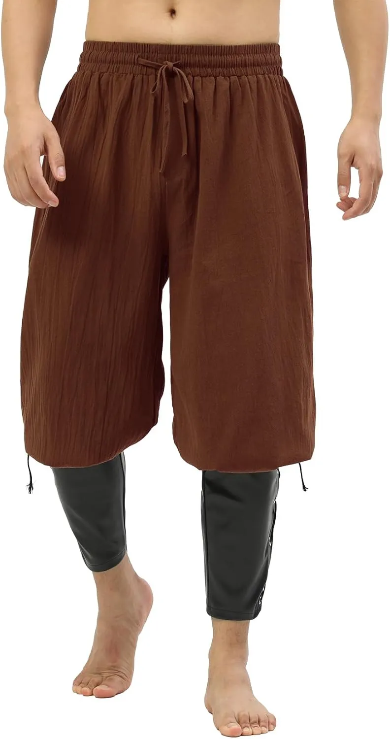 Mens Pirate Pants Medieval Viking Costume, Renaissance Lace-up Ankle Banded Trousers Cotton Linen Cosplay Outfits