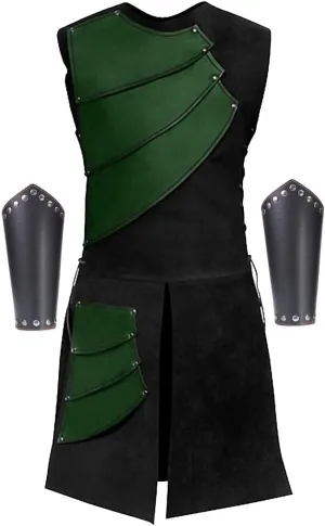 Men's Side laces up Knight Viking Pirate Armor Long Waistcoats Vests Long Bracer Costume Set