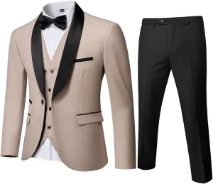 Men's Slim Fit 3-Piece Tuxedo Set, One Button Shawl Collar Jacket Vest Pants for Party, Business and Wedding