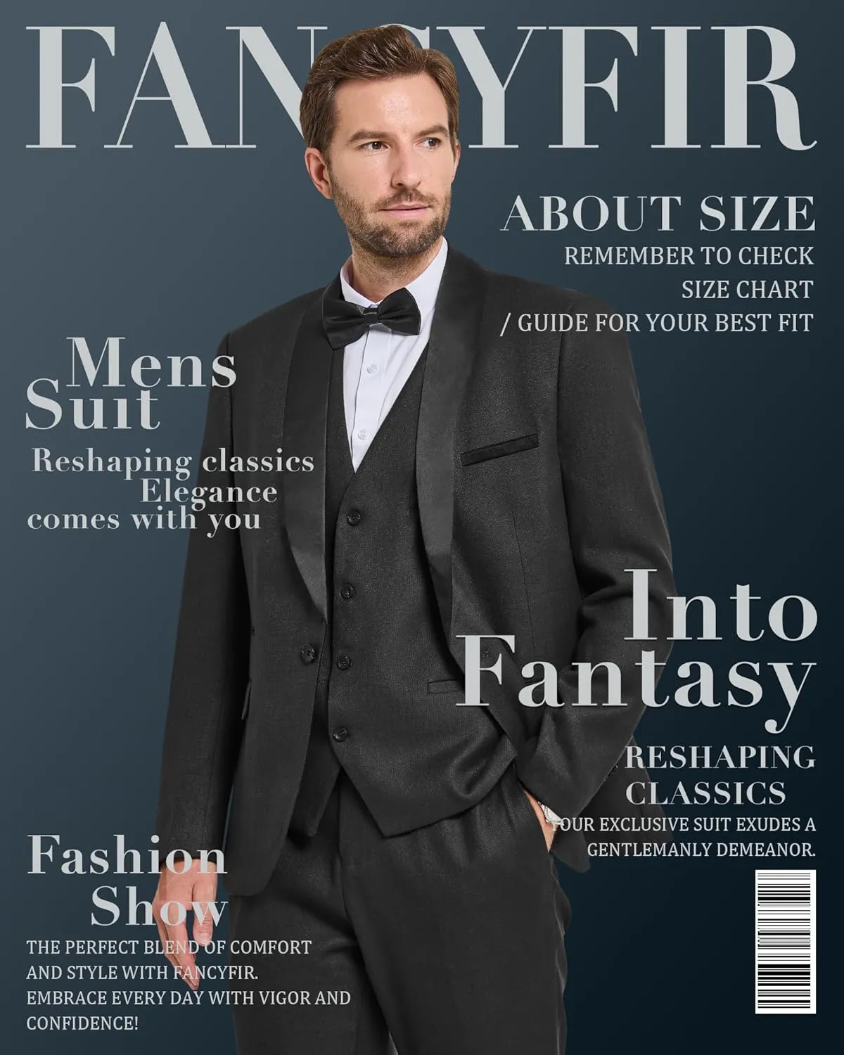 Men's Slim Fit 3-Piece Tuxedo Set, One Button Shawl Collar Jacket Vest Pants for Party, Business and Wedding