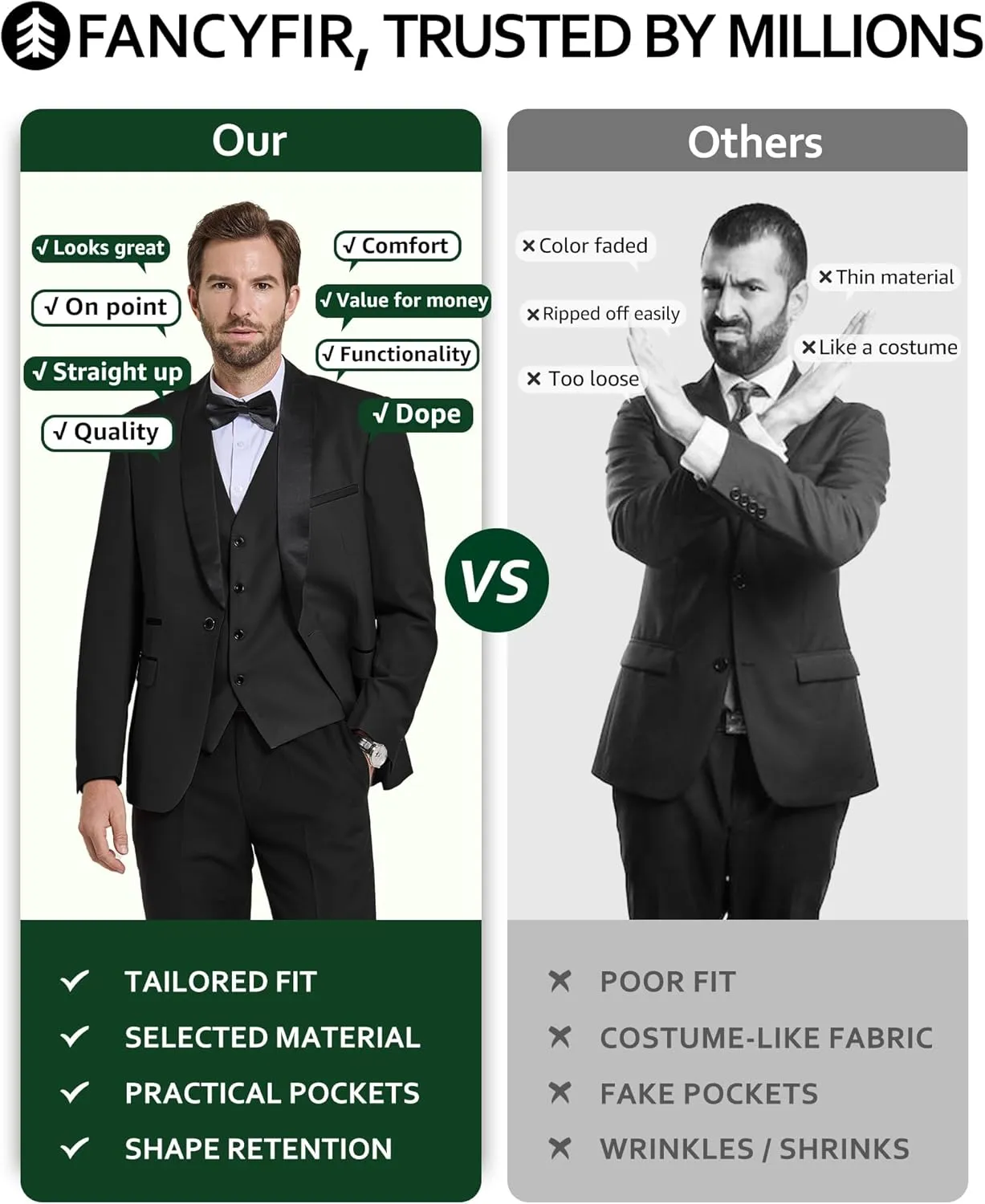 Men's Slim Fit 3-Piece Tuxedo Set, One Button Shawl Collar Jacket Vest Pants for Party, Business and Wedding
