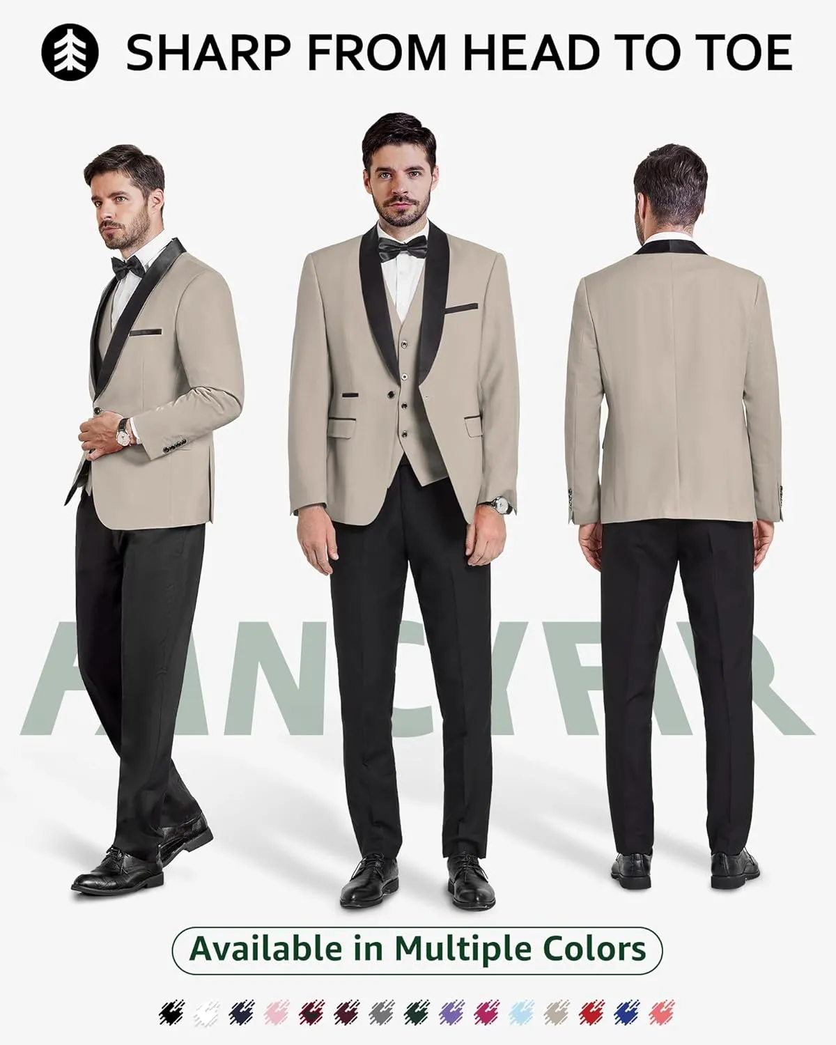 Men's Slim Fit 3-Piece Tuxedo Set, One Button Shawl Collar Jacket Vest Pants for Party, Business and Wedding