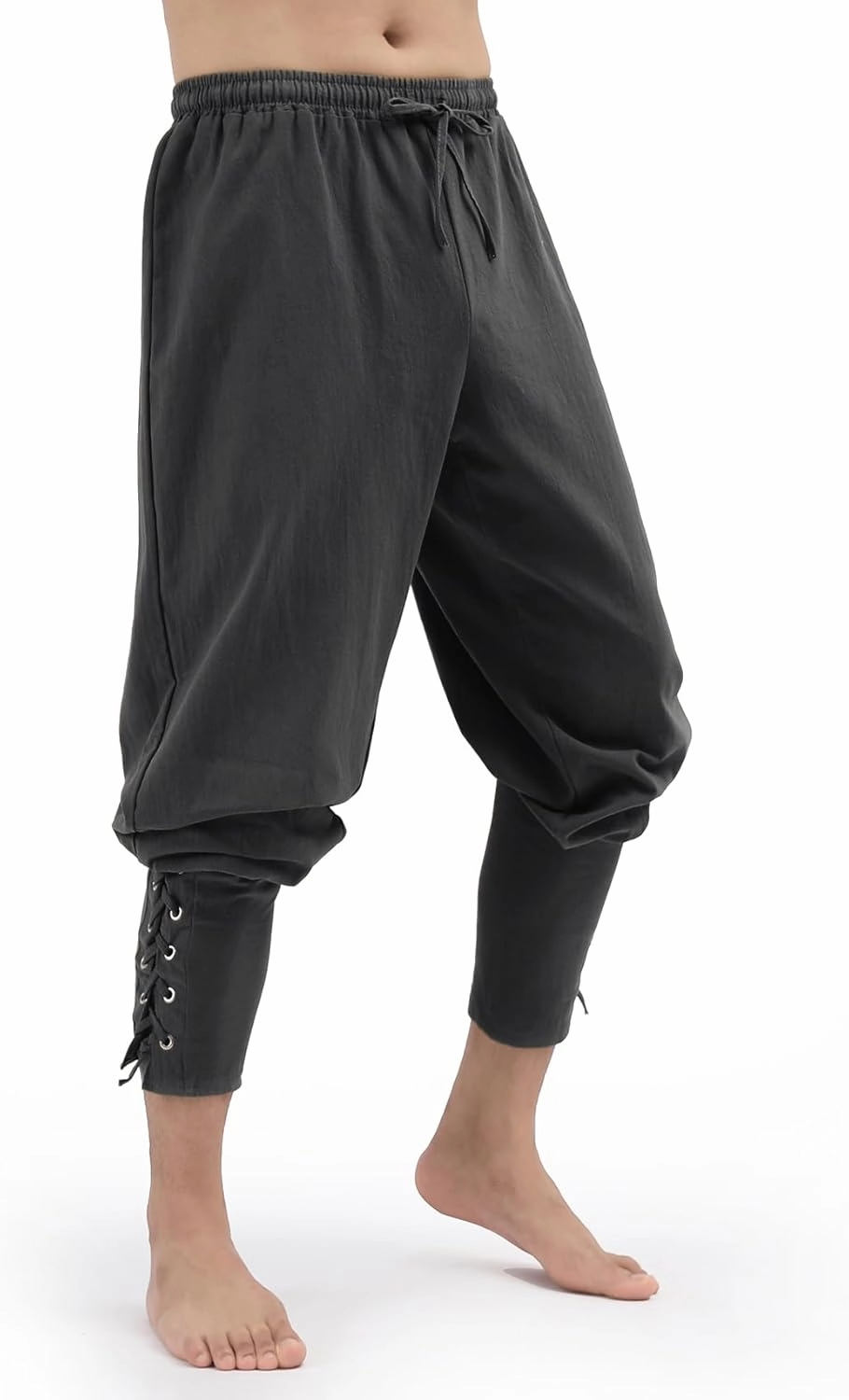Mens Pirate Pants Medieval Viking Costume, Renaissance Lace-up Ankle Banded Trousers Cotton Linen Cosplay Outfits