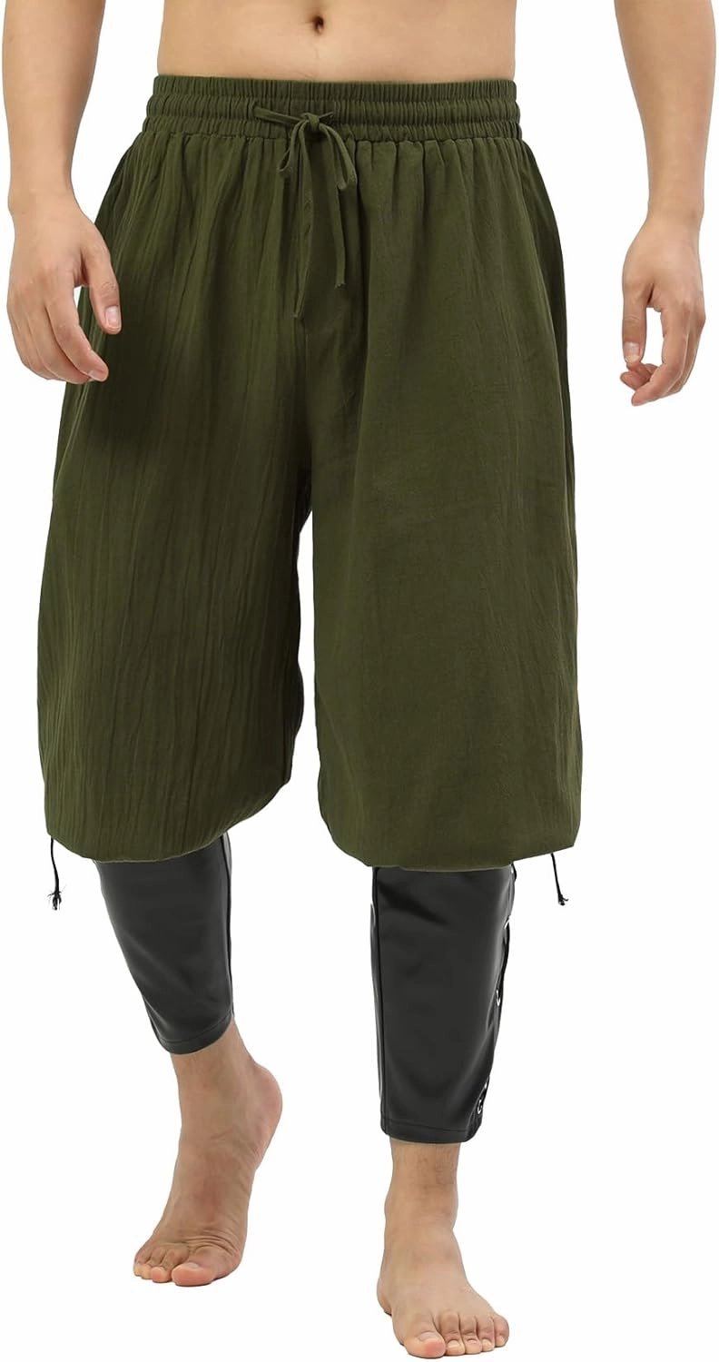 Mens Pirate Pants Medieval Viking Costume, Renaissance Lace-up Ankle Banded Trousers Cotton Linen Cosplay Outfits