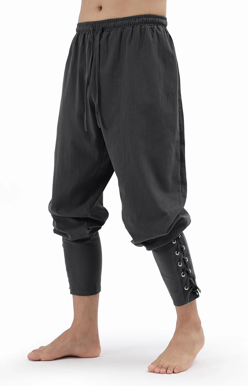 Mens Pirate Pants Medieval Viking Costume, Renaissance Lace-up Ankle Banded Trousers Cotton Linen Cosplay Outfits