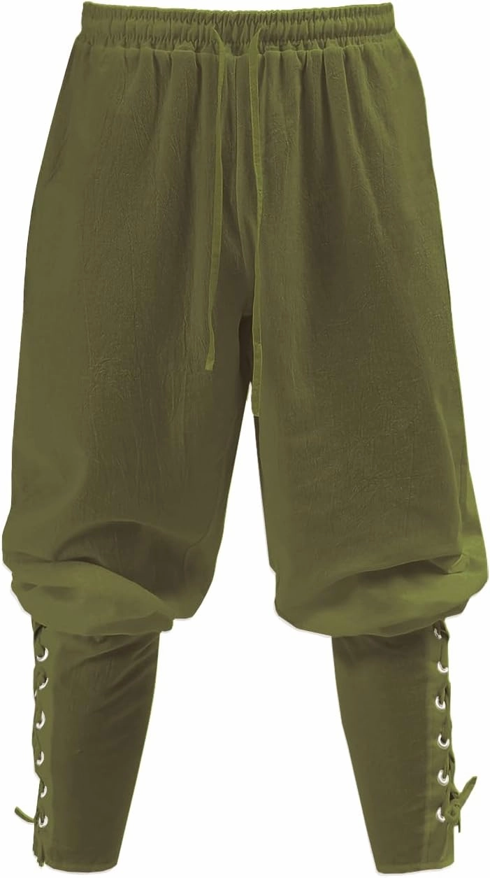 Mens Pirate Pants Medieval Viking Costume, Renaissance Lace-up Ankle Banded Trousers Cotton Linen Cosplay Outfits