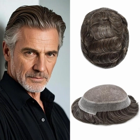 Mens Toupee Hair System For Men Fine Mono Poly Skin All Around Hairpieces Toupee For Men Hair Piece Durable Mens Hair System 6x8 Medium light density #330 3# DARK BROWN 30% GREY