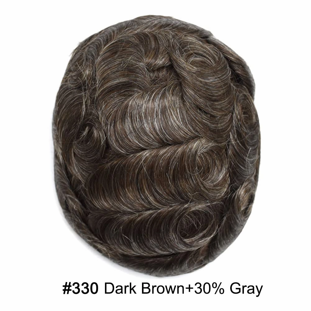 Mens Toupee Hair System For Men Fine Mono Poly Skin All Around Hairpieces Toupee For Men Hair Piece Durable Mens Hair System 6x8 Medium light density #330 3# DARK BROWN 30% GREY