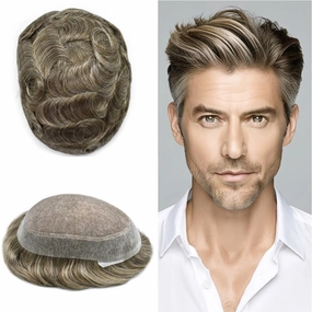 Mens Toupee Hair System For Men Hairpiece Fine Monofilament Toupee For Mens Hair System French Lace Front 8x10 110% light to Medium density#1740 17# DARK ASH BLONDE 40% GREY
