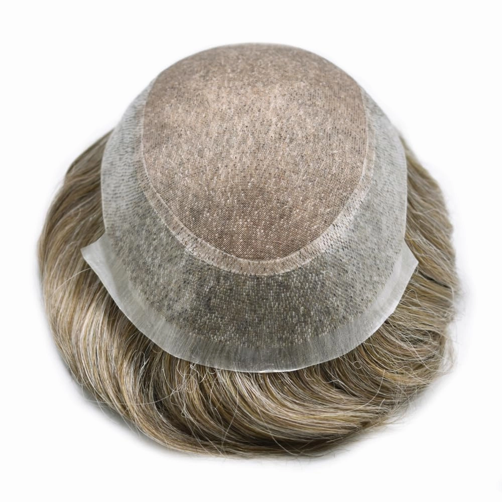 Mens Toupee Hair System For Men Hairpiece Fine Monofilament Toupee For Mens Hair System French Lace Front 8x10 110% light to Medium density#1740 17# DARK ASH BLONDE 40% GREY
