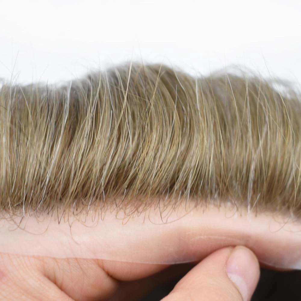 Mens Toupee Hair System For Men Hairpiece Fine Monofilament Toupee For Mens Hair System French Lace Front 8x10 110% light to Medium density#1740 17# DARK ASH BLONDE 40% GREY