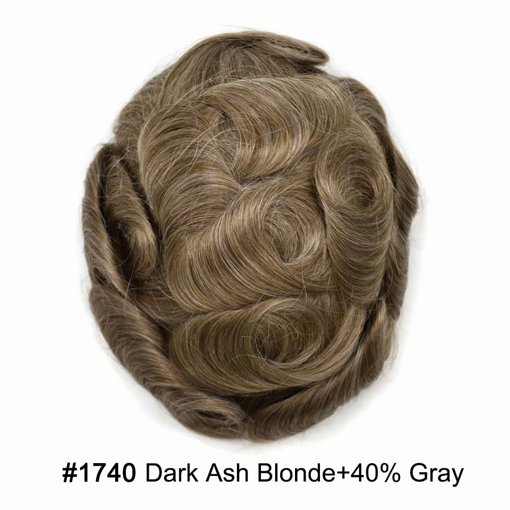 Mens Toupee Hair System For Men Hairpiece Fine Monofilament Toupee For Mens Hair System French Lace Front 8x10 110% light to Medium density#1740 17# DARK ASH BLONDE 40% GREY