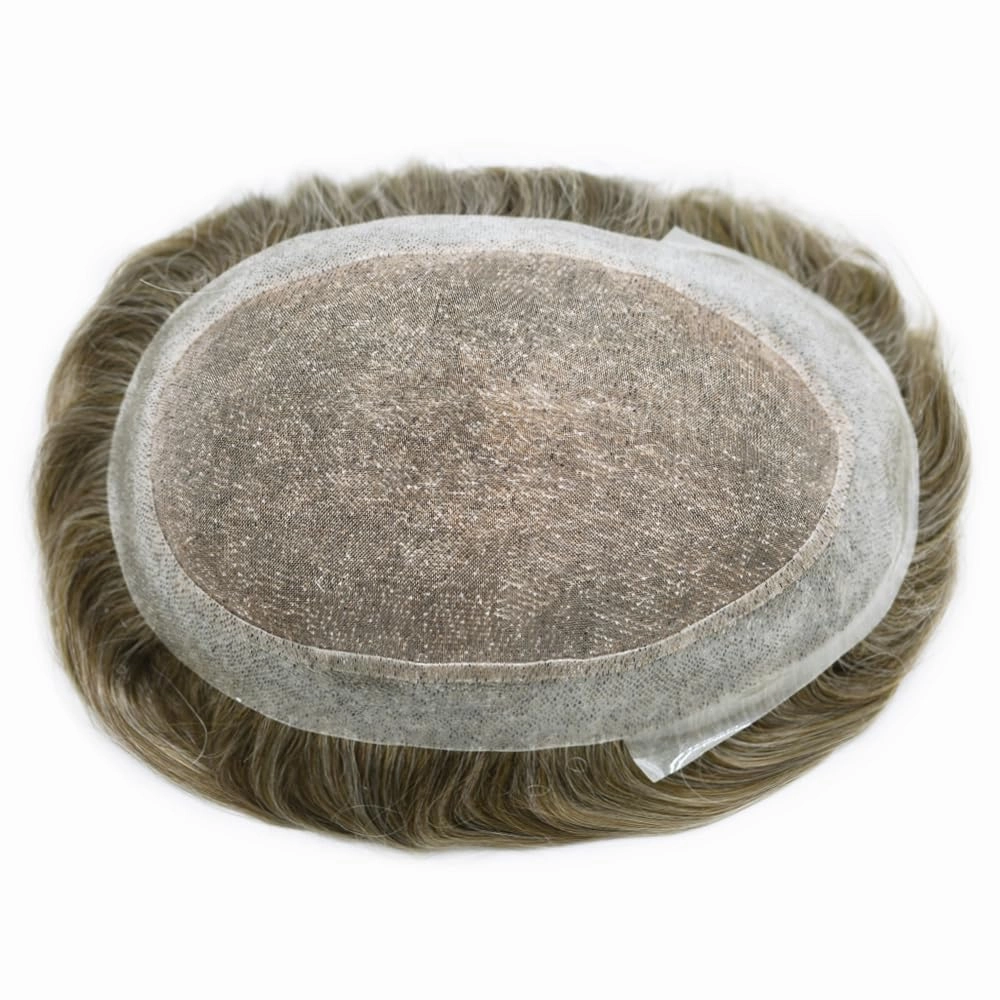Mens Toupee Hair System For Men Hairpiece Fine Monofilament Toupee For Mens Hair System French Lace Front 8x10 110% light to Medium density#1740 17# DARK ASH BLONDE 40% GREY