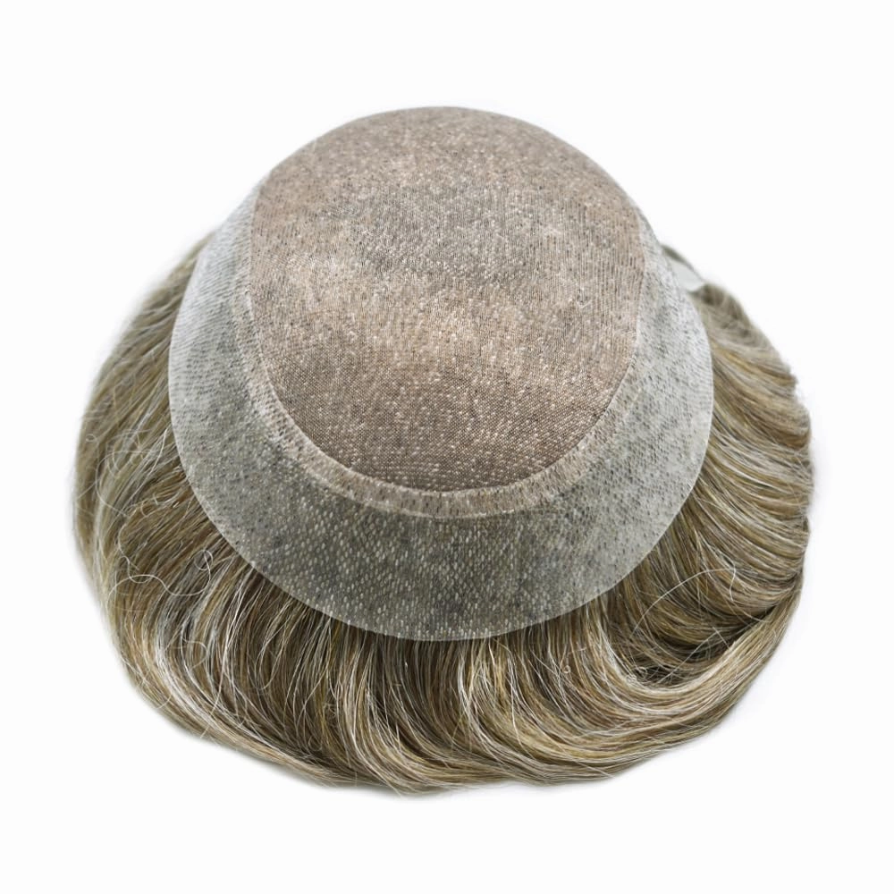 Mens Toupee Hair System For Men Hairpiece Fine Monofilament Toupee For Mens Hair System French Lace Front 8x10 110% light to Medium density#1740 17# DARK ASH BLONDE 40% GREY